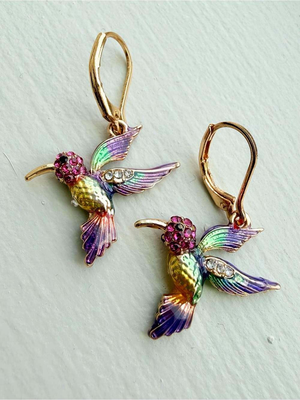 Multicolor Hummingbird Drop Earrings - Vibrant Enamel & Crystal Accent